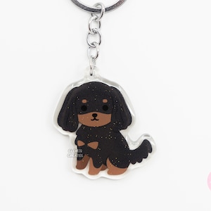 Black & Tan Cavalier King Charles Spaniel Acrylic Dog Keychain | Cartoon Kawaii Art Puppy Glitter Charm | Chibi Cute Pet Loss Memorial Gift