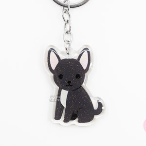 Black Chihuahua Acrylic Dog Breed Keychain | Cartoon Kawaii Art Puppy Epoxy Glitter Charm | Chibi Cute Animal Lover Pet Loss Memorial Gift