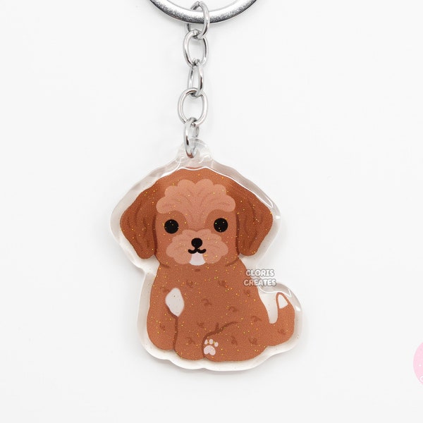 Cavapoo Cavooodle Acrilico Misto Razza Cane Portachiavi / Cartoon Kawaii Arte Cucciolo Glitter Fascino / Chibi Carino Doodle Amante Pet Loss Memorial Gift