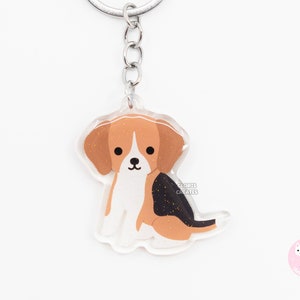 Tricolor Beagle Acrylic Dog Breed Keychain | Cartoon Kawaii Art Puppy Epoxy Glitter Charm | Chibi Cute Animal Lover Pet Loss Memorial Gift