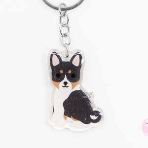 Black Tri Basenji Acrylic Dog Breed Keychain | Cartoon Kawaii Art Puppy Glitter Charm | Chibi Cute Animal Lover Pet Loss Memorial Gift