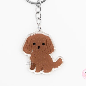 Ruby Red Cavalier King Charles Spaniel Acrylic Dog Keychain | Cartoon Kawaii Art Puppy Glitter Charm | Chibi Cute Pet Loss Memorial Gift