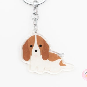Red & White Basset Hound Acrylic Dog Keychain | Cartoon Kawaii Art Puppy Glitter Charm | Chibi Cute Animal Lover Pet Loss Memorial Gift
