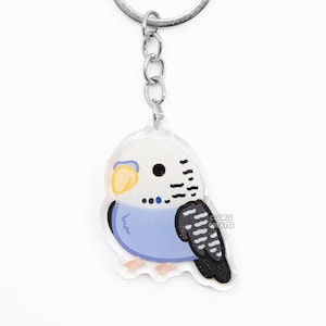 Llavero acrílico con forma de periquito violeta, diseño de raza de ave, con diseño de dibujos animados, con purpurina de doble cara, regalo para amantes de las mascotas exóticas y lindas de estilo kawaii