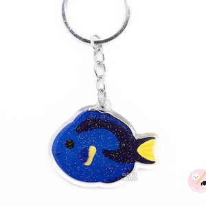 Blue Tang Fish Keychain | Cartoon Chibi Aquarium Art Double Sided Glitter Acrylic Charm | Kawaii Cute Animal Lover Pet Gift