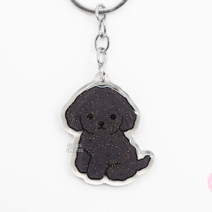 Black Toy Poodle Dog Breed Acrylic Keychain | Cartoon Kawaii Art Puppy Glitter Charm | Chibi Cute Animal Lover Pet Loss Memorial Gift