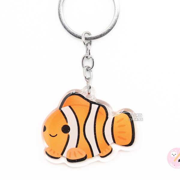 Clownfish Anemonefish Keychain | Cartoon Chibi Aquarium Art Double Sided Glitter Acrylic Charm | Kawaii Cute Animal Lover Exotic Pet Gift