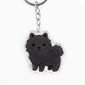Black Pomeranian Acrylic Dog Breed Keychain | Cartoon Kawaii Art Puppy Glitter Charm | Chibi Cute Animal Lover Pet Loss Memorial Gift
