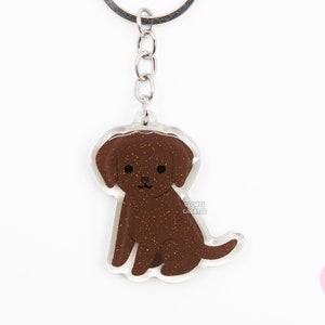 Chocolate Labrador Retriever Acrylic Dog Keychain | Cartoon Kawaii Art Puppy Glitter Charm | Chibi Cute Animal Lover Pet Loss Memorial Gift