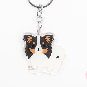 Black Tri Papillon Acrylic Dog Breed Keychain | Cartoon Kawaii Art Puppy Glitter Charm | Chibi Cute Animal Lover Pet Loss Memorial Gift