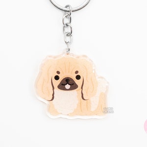 Red Pekingese Acrylic Dog Breed Keychain | Cartoon Kawaii Art Puppy Glitter Charm | Chibi Cute Animal Lover Pet Loss Memorial Gift