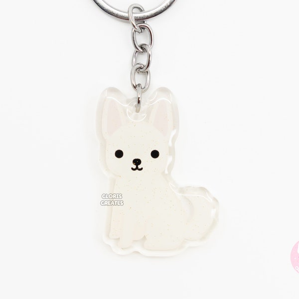 White German Shepherd Acrylic Dog Breed Keychain | Cartoon Kawaii Art Puppy Glitter Charm | Chibi Cute Animal Lover Pet Loss Memorial Gift