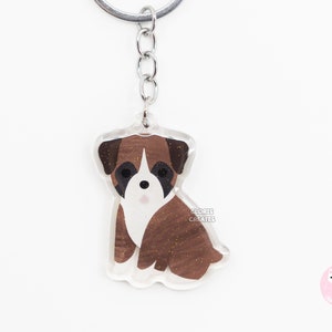 Brindle Boxer Acrylic Dog Breed Keychain | Cartoon Kawaii Art Puppy Glitter Charm | Chibi Cute Animal Lover Pet Loss Memorial Gift