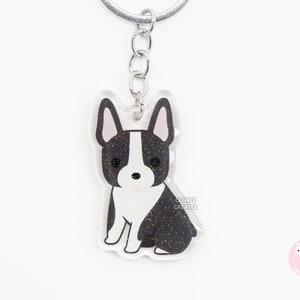 Black Boston Terrier Acrylic Dog Breed Keychain | Cartoon Kawaii Art Puppy Glitter Charm | Chibi Cute Animal Lover Pet Loss Memorial Gift
