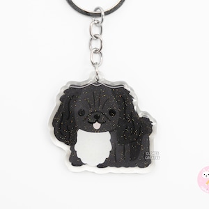 Black Pekingese Acrylic Dog Breed Keychain | Cartoon Kawaii Art Puppy Glitter Charm | Chibi Cute Animal Lover Pet Loss Memorial Gift