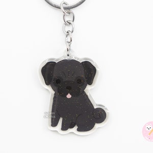 Black Pug Clear Dog Breed Acrylic Keychain | Cartoon Kawaii Art Puppy Glitter Charm | Chibi Cute Animal Lover Pet Loss Memorial Gift