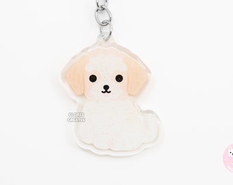 Cavachon Maltipoo Acrylic Mixed Dog Breed Keychain | Cartoon Kawaii Art Puppy Glitter Charm | Chibi Cute Animal Lover Pet Loss Memorial Gift
