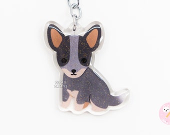 Australian Cattle Dog Blue Heeler Acrylic Animal Keychain | Cartoon Kawaii Art Puppy Lover Glitter Charm | Chibi Cute Pet Loss Memorial Gift