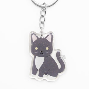Gray Tuxedo Cat Acrylic Pet Breed Keychain | Cartoon Chibi Animal Art Lover Glitter Charm | Kawaii Cute Kitten Loss Memorial Keyring Gift