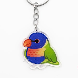 Llavero acrílico de loro arcoíris con diseño de ave de raza arcoíris, con purpurina de doble cara y diseño kawaii, ideal como regalo para amantes de las mascotas exóticas.