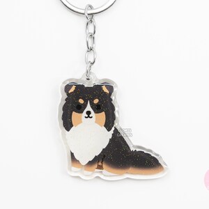 Black Tri Shetland Sheepdog Sheltie Rough Collie Dog Breed Acrylic Keychain | Cartoon Kawaii Puppy Charm | Chibi Cute Pet Loss Memorial Gift