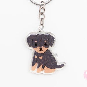 Flop Eared Black Doberman Pinscher Acrylic Dog Keychain | Cartoon Kawaii Art Puppy Charm | Chibi Cute Animal Lover Pet Loss Memorial Gift
