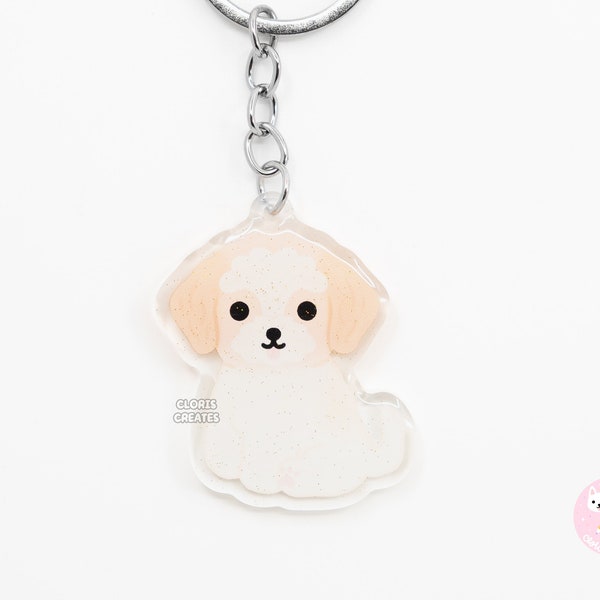 Cavachon Maltipoo Acrylic Mixed Dog Breed Keychain | Cartoon Kawaii Art Puppy Glitter Charm | Chibi Cute Animal Lover Pet Loss Memorial Gift