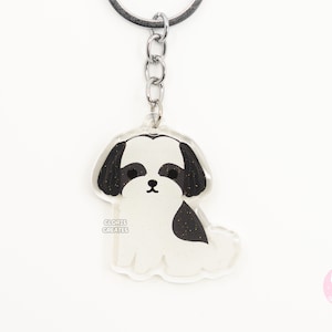 Black & White Shih Tzu Clear Dog Breed Acrylic Keychain | Cartoon Kawaii Art Puppy Charm | Chibi Cute Animal Lover Pet Loss Memorial Gift