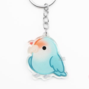 Llavero acrílico de agapornis azul holandés con diseño de loro, diseño de dibujos animados kawaii con purpurina, regalo para amantes de las mascotas exóticas.