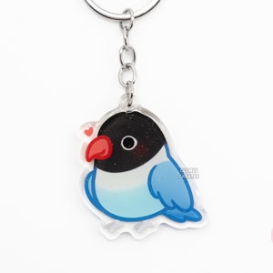 Llavero acrílico de agapornis con máscara azul, diseño de loro, con purpurina de dibujos animados kawaii, regalo para amantes de las mascotas exóticas.