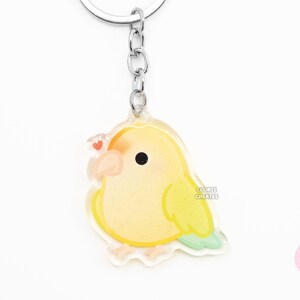 Llavero acrílico de loro de raza de ave, diseño de agapornis verde mar, con purpurina de dibujos animados kawaii, regalo para amantes de las mascotas exóticas chibi.
