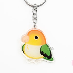 Llavero acrílico de loro caique de vientre blanco, diseño de ave, con diseño de dibujos animados kawaii de doble cara, ideal como regalo para amantes de las mascotas exóticas.