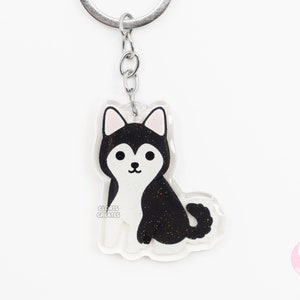 Black Siberian Husky Acrylic Dog Breed Keychain | Cartoon Kawaii Art Puppy Glitter Charm | Chibi Cute Animal Lover Pet Loss Memorial Gift