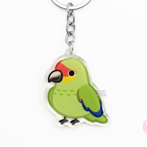 Llavero acrílico de loro amazónico rojo con diseño de pájaro, diseño kawaii de dibujos animados con purpurina de doble cara, regalo para amantes de las mascotas exóticas.