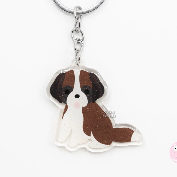 Saint Bernard Dog Breed Acrylic Keychain | Cartoon Kawaii Art Puppy Glitter Charm | Chibi Cute Animal Lover Pet Loss Memorial Dog Mom Gift