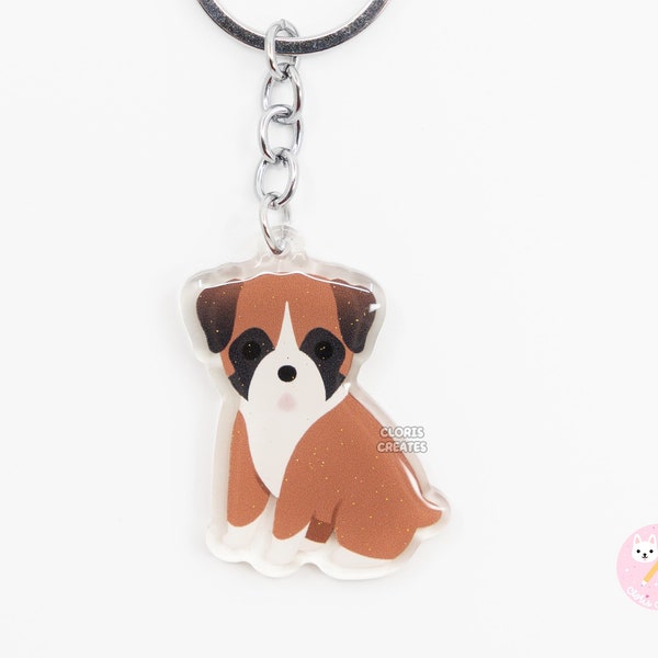 Fawn Boxer Acrylic Dog Breed Keychain | Cartoon Kawaii Art Puppy Glitter Souvenir Charm | Chibi Cute Animal Lover Pet Loss Memorial Gift