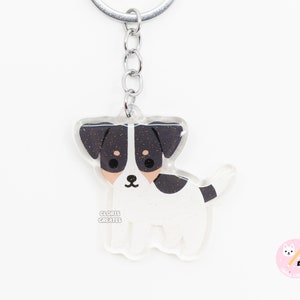 Black Tri Jack Russell Terrier Acrylic Dog Keychain | Cartoon Kawaii Art Rescue Puppy Glitter Charm | Chibi Cute Pet Loss Memorial Gift