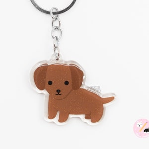 Red Dachshund Wiener Dog Acrylic Keychain | Cartoon Kawaii Art Puppy Breed Glitter Charm | Chibi Cute Animal Lover Pet Loss Memorial Gift