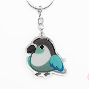 Llavero acrílico de pájaro conure de mejillas verdes turquesas/dije con purpurina estilo kawaii de dibujos animados/bonito regalo para amantes de las mascotas exóticas chibi