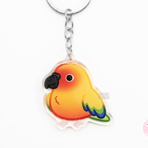Sun Conure acrylique perruche de race d'oiseau porte-clés | Charm recto-verso de style artistique Kawaii dessin animé | Joli cadeau exotique Chibi pour amoureux des animaux de compagnie
