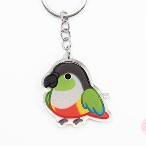 Llavero acrílico de pájaro conure de mejillas verdes y lados amarillos/dije con purpurina estilo kawaii de dibujos animados/bonito regalo para amantes de las mascotas exóticas chibi