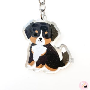 Bernese Mountain Dog Clear Acrylic Animal Keychain | Cartoon Kawaii Art Puppy Breed Lover Glitter Charm | Chibi Cute Pet Loss Memorial Gift