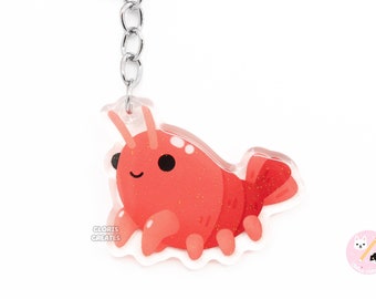 Freshwater Aquarium Shrimp Keychain | Cartoon Exotic Crustacean Pet Art Double-Sided Glitter Acrylic Charm | Kawaii Cute Animal Lover Gift