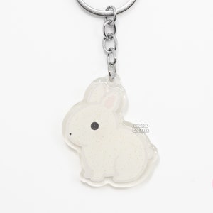 White Netherland Dwarf Rabbit Acrylic Pet Keychain | Cartoon Kawaii Art Double-Sided Bunny Glitter Charm | Chibi Cute Animal Lover Gift
