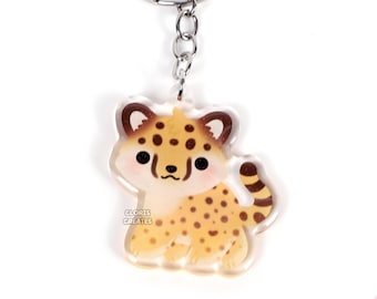 Cheetah Acrylic Glitter Keychain | Kawaii Chibi Animal Lover Wildcat Art Charm | Cute Cartoon Wildlife Zoo Souvenir Keyring Gift