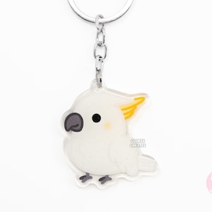 Llavero acrílico de cacatúa crestada citrina, diseño de ave de raza loro, con purpurina de dibujos animados kawaii, regalo para amantes de las mascotas exóticas chibi.