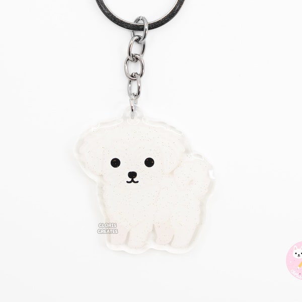 Shorthaired Maltese Acrylic Dog Breed Keychain | Cartoon Kawaii Art Crusty White Puppy Charm | Chibi Cute Animal Lover Pet Memorial Gift