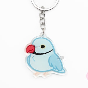 Llavero acrílico de periquito de cuello anillado de la India azul, diseño de ave, con purpurina de dibujos animados kawaii, regalo para amantes de las mascotas exóticas chibi.
