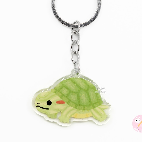 Red Eared Slider Turtle Acrylic Keychain | Cartoon Kawaii Art Exotic Pet Breed Glitter Charm | Chibi Cute Reptile Critter Animal Lover Gift