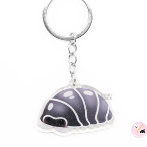 Zebra Isopod Black Roly Poly Insect Bug Keychain | Cartoon Pet Art Double-Sided Glitter Charm | Kawaii Cute Animal Entomologist Gift
